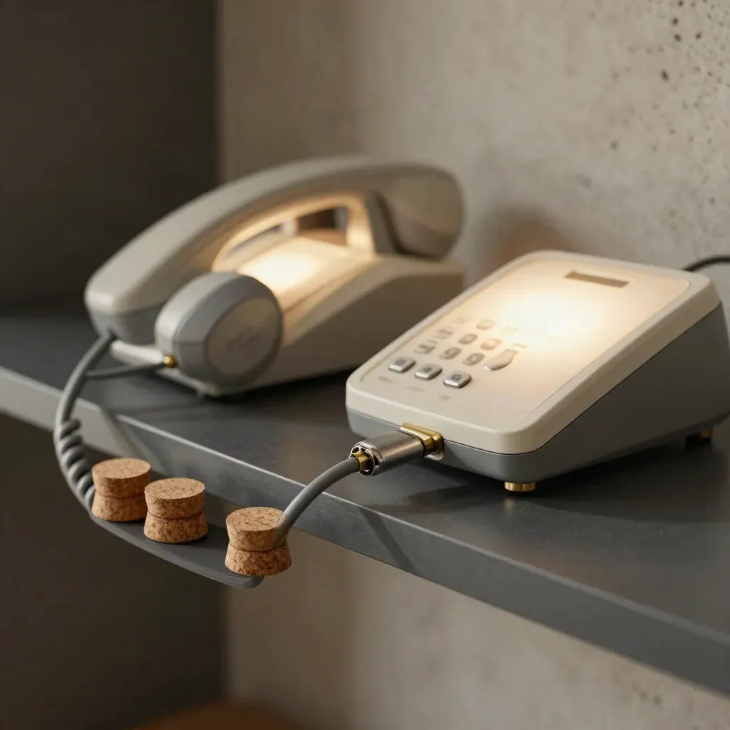 Drei Korkmarker und zwei Telefondocks auf dunklem Regal, ein Anschluss wechselt gerade.