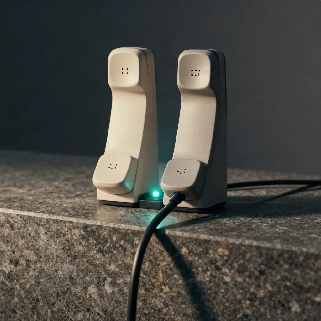 Zwei Telefon-Docks auf Steinkonsole mit leuchtender Weiterleitungsanzeige im Halbdunkel.