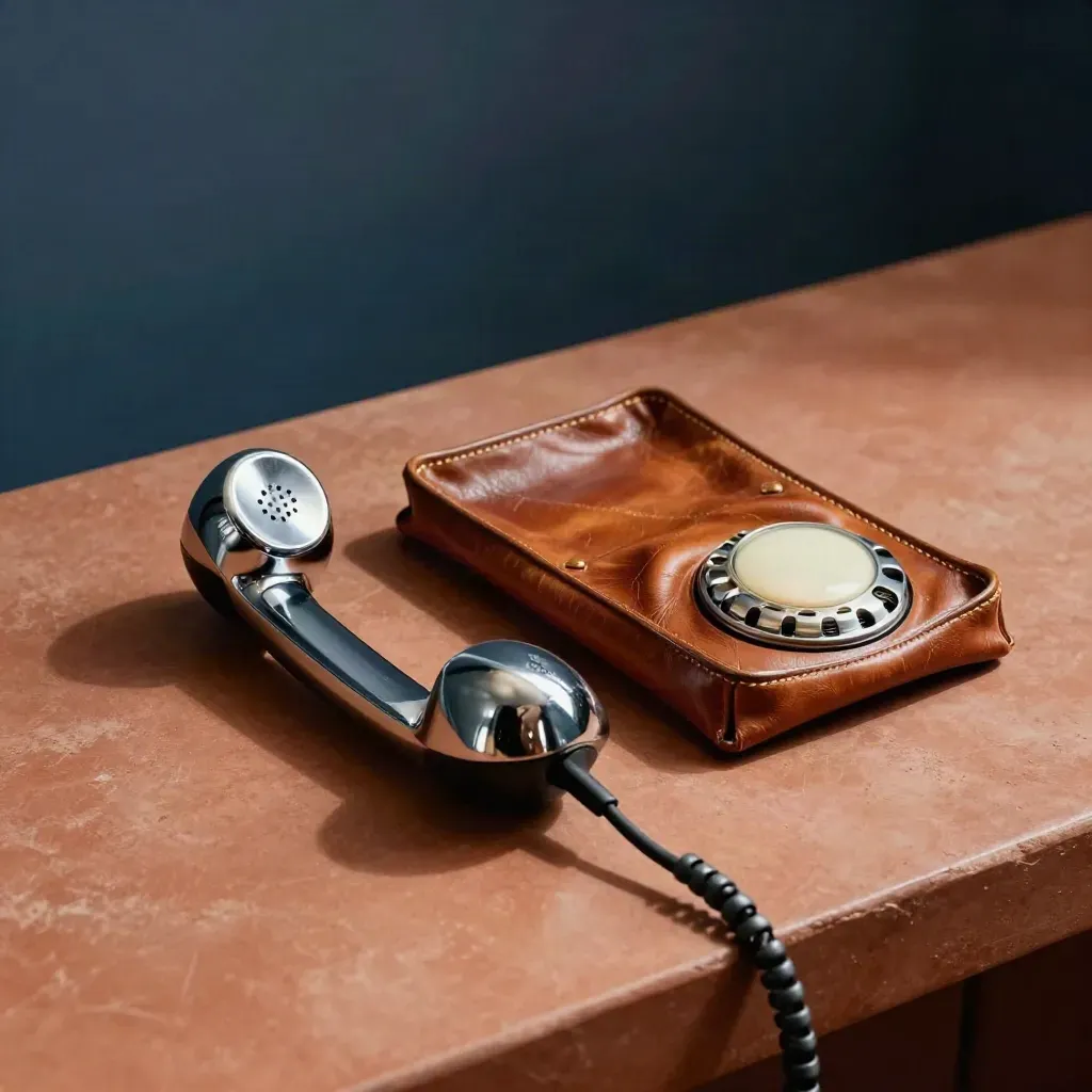 Telefonhörer, Nachrichtenschale und Wahldial auf terrakottafarbenem Untergrund von oben.