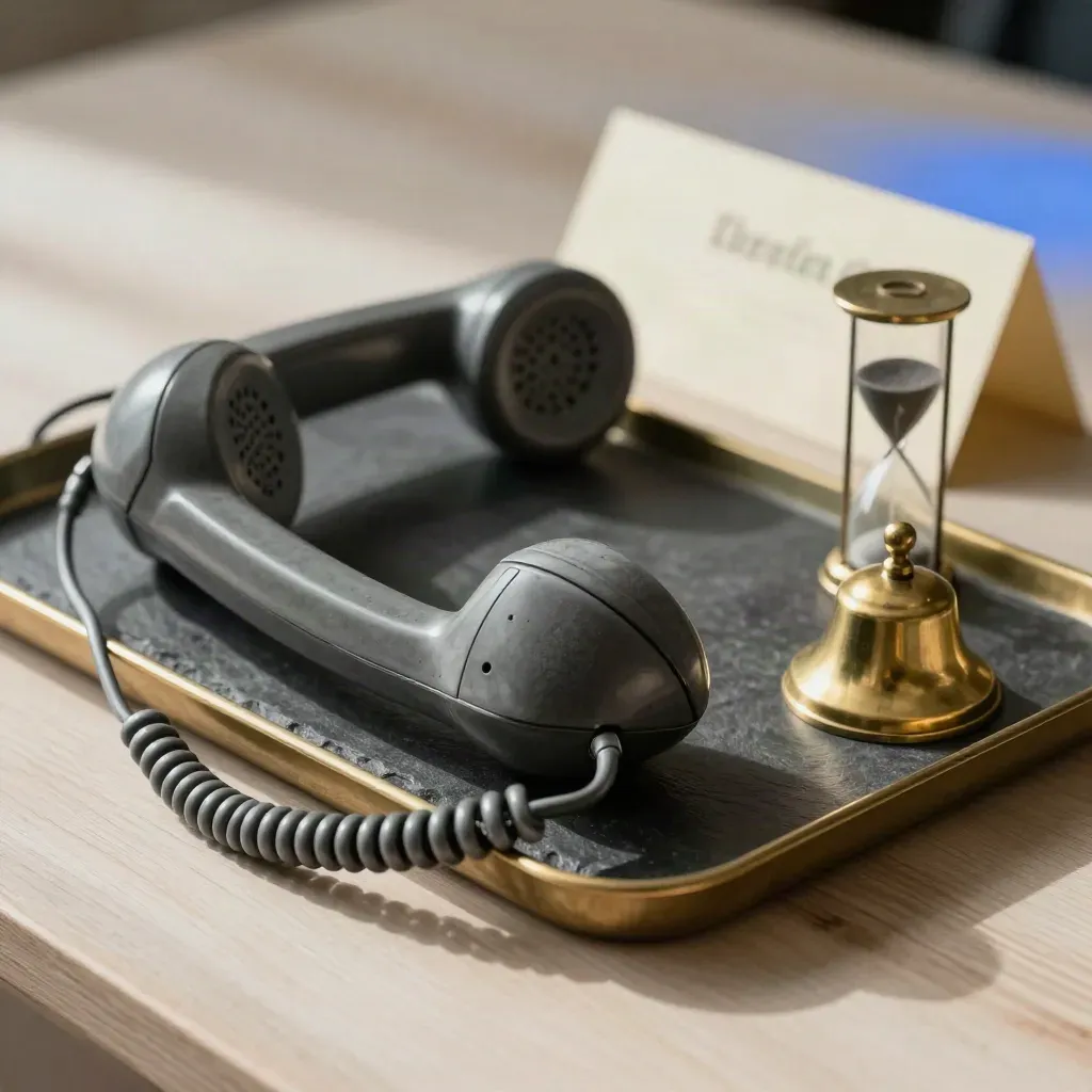 Telefonhörer, Klingel und Sanduhr auf dunklem Tablett im sanften Seitenlicht.