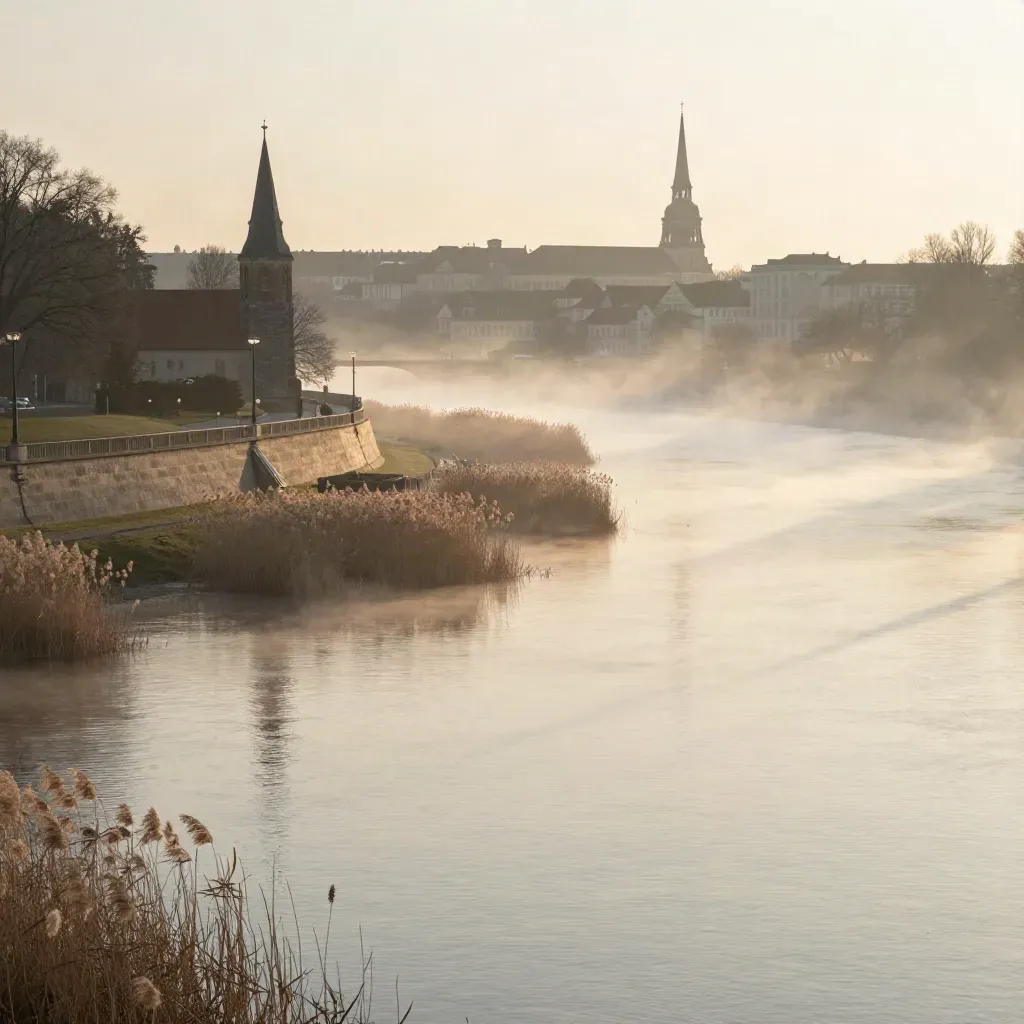 Morgendämmerung über Berlin und Brandenburg mit Spree-Mist und ruhiger Wasserfläche.